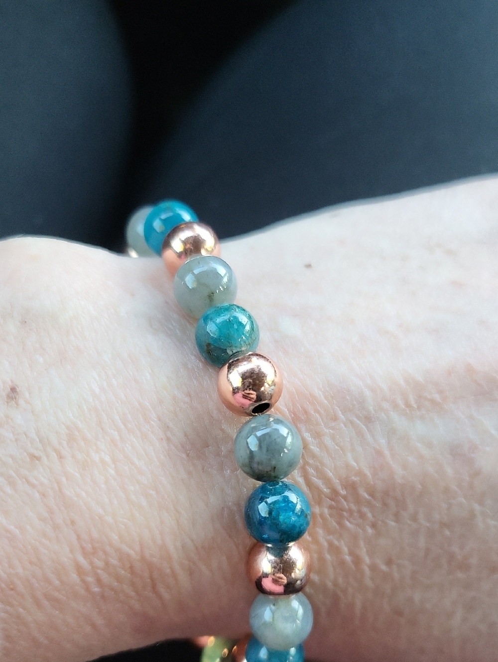 Beaded Stretch Bracelet with Blue-Green Gemstone and Rose Gold Accent Beads